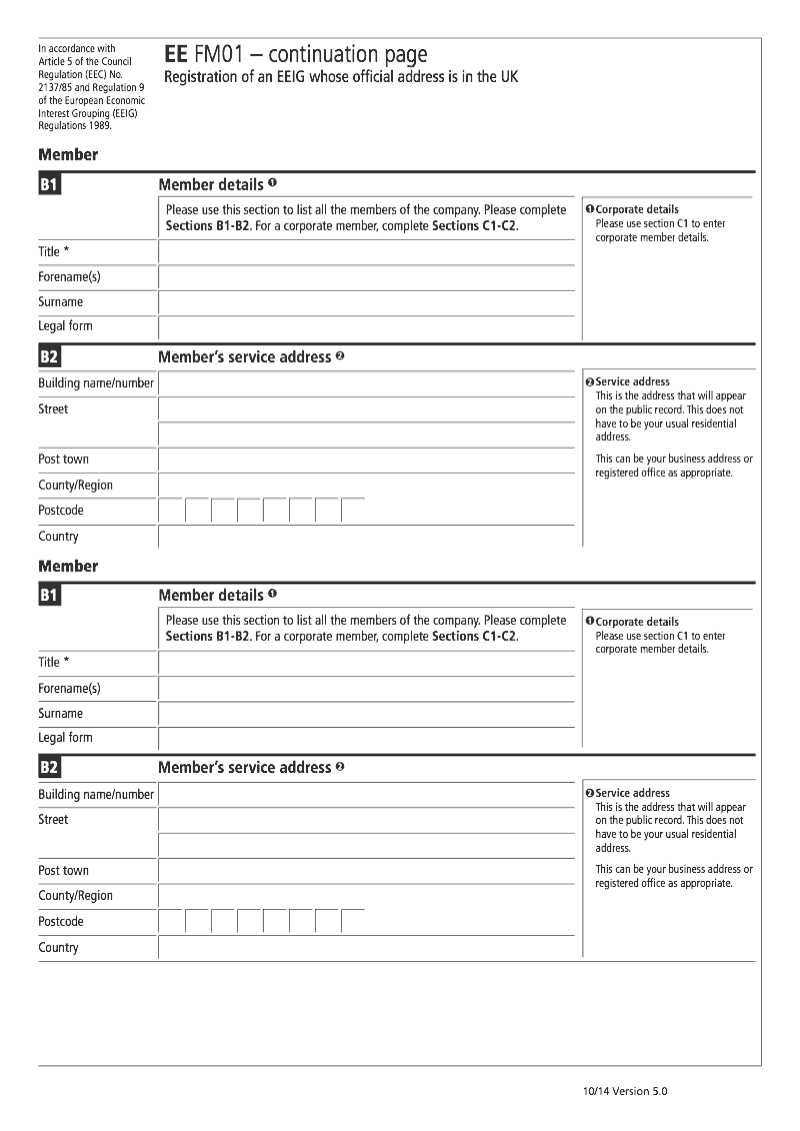 EE FM01 Continuation Page 1 Member details continuation page EE FM01 Statement of name official address members objects and duration for EEIG whose official address is in the UK preview