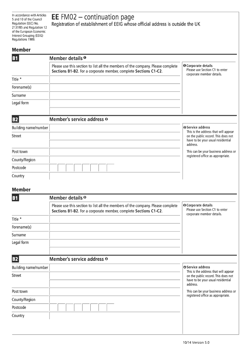 EE FM02 Continuation Page 1 Member details continuation page EE FM02 Statement of name establishment address in the UK and members of an EEIG whose official address is outside the UK preview