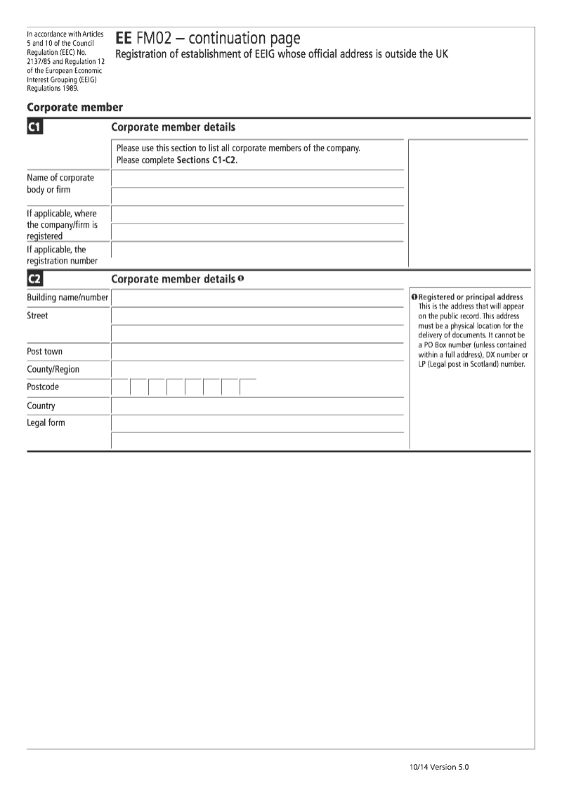 EE FM02 Continuation Page 2 Corporate member details continuation page EE FM02 Statement of name establishment address in the UK and members of an EEIG whose official address is outside the UK preview