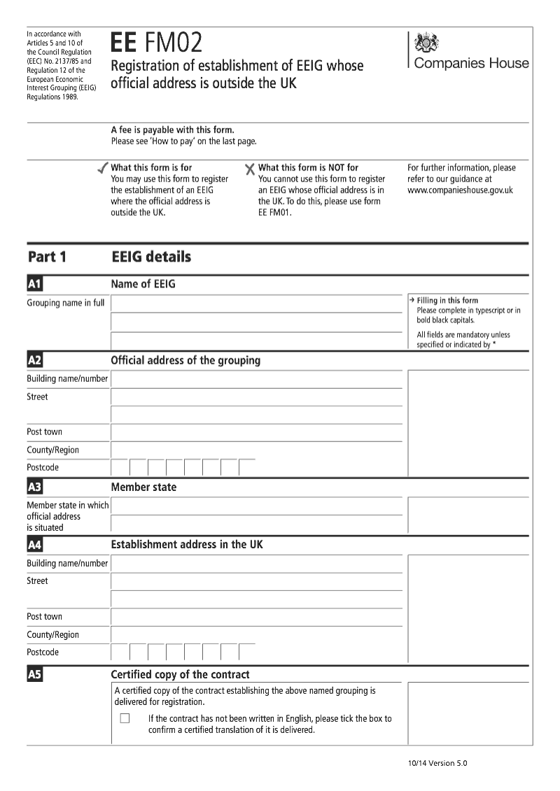 EE FM02 Statement of name establishment address in the UK and members of an EEIG whose official address is outside the UK preview