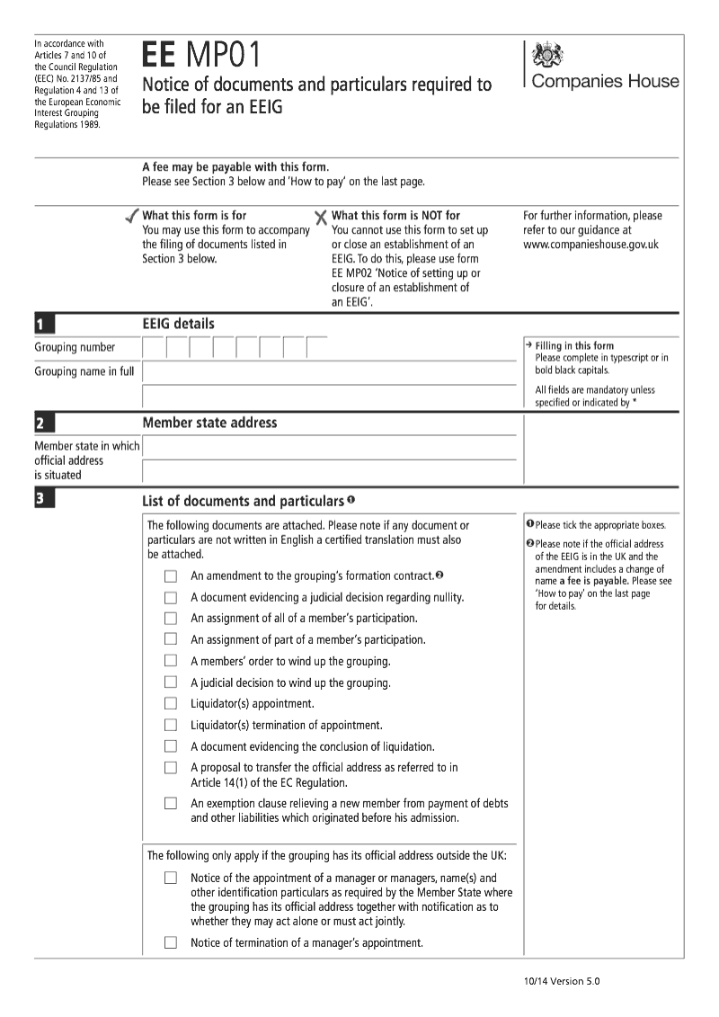 Use form EE MP01 for a notice of documents and particulars required to be filed for an EEIG preview