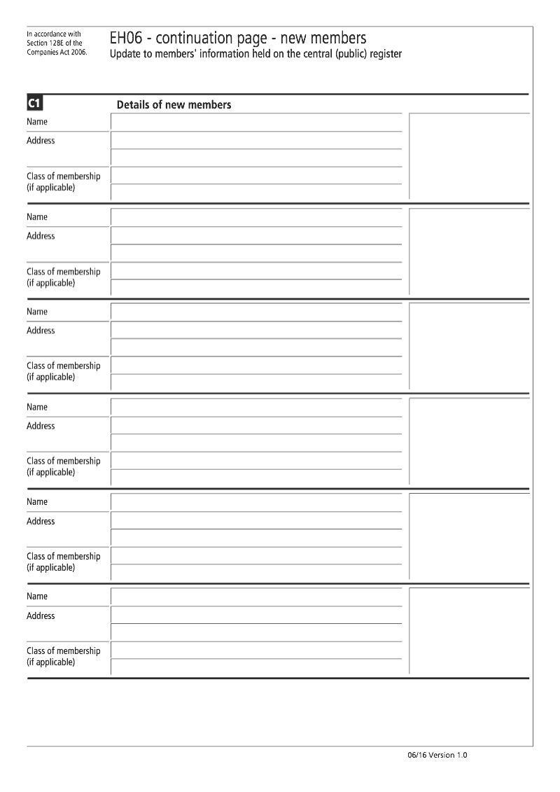 EH06 Continuation Page 2 New members no share capital continuation pages EH06 Update to members information held on the central public register Section 128E of the Companies Act 2006 preview