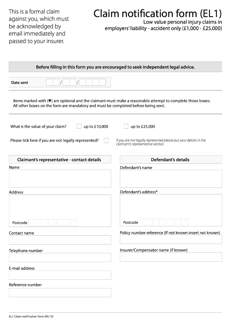 EL1 Claim notification form EL1 Low value personal injury claims in employers liability accident only preview