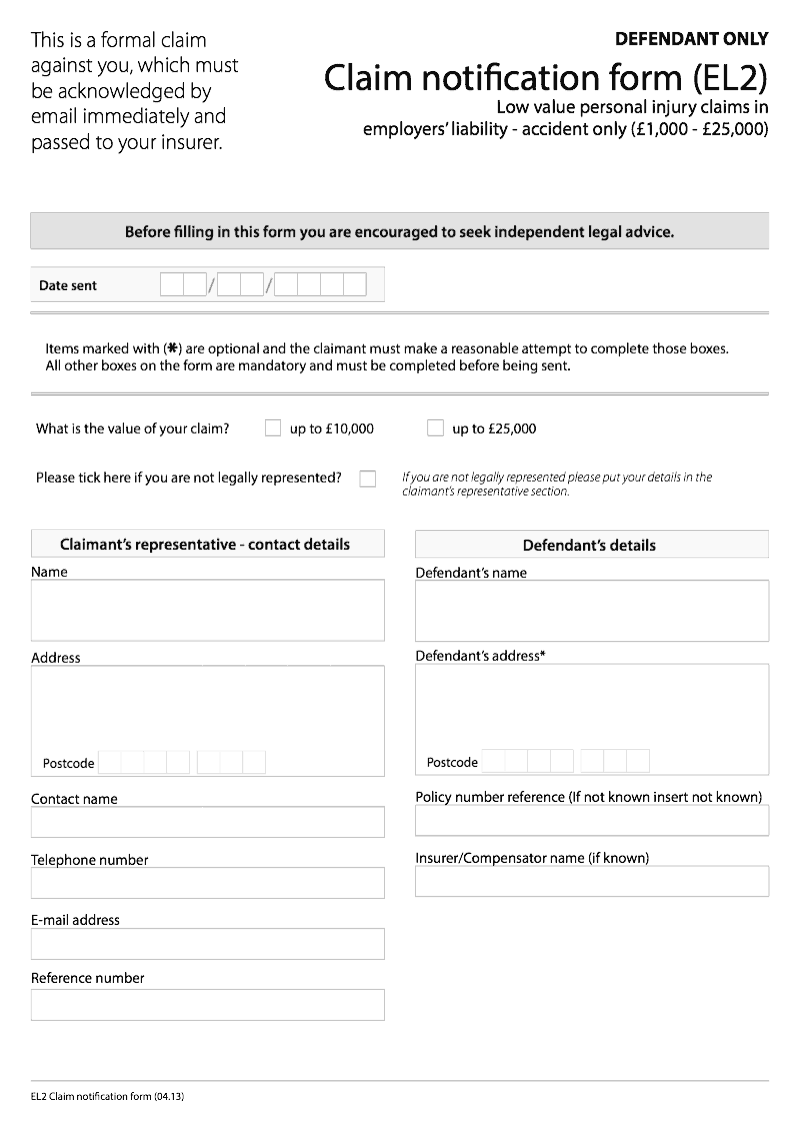 EL2 Claim notification form EL2 Low value personal injury claims in employers liability accident only preview