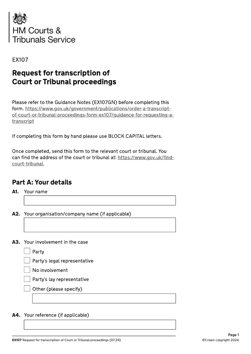 EX107 Request for transcription of Court or Tribunal proceedings electronic signature available preview