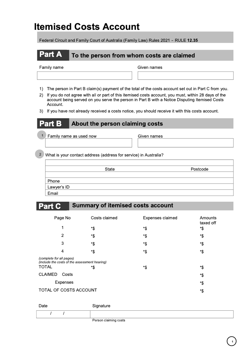 FCFCOA ITEM1 Itemised costs account preview