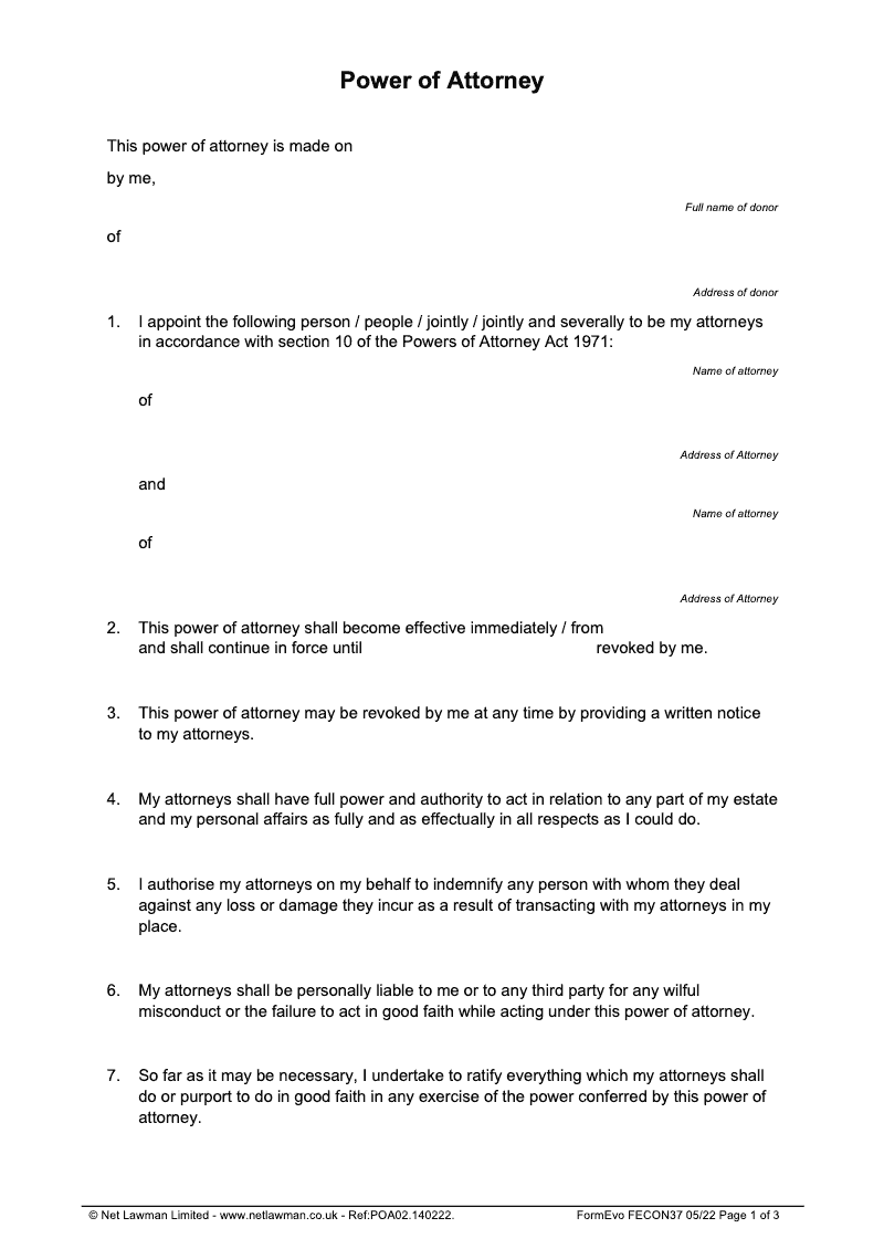 FECON37 General Power of Attorney Under Section 10 of the Powers of Attorney Act 1971 preview