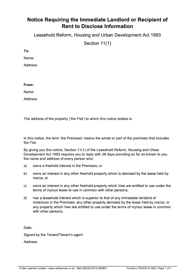 FEHUD10 Notice Requiring the Immediate Landlord or Recipient of Rent to Disclose Information Section 11 1 preview