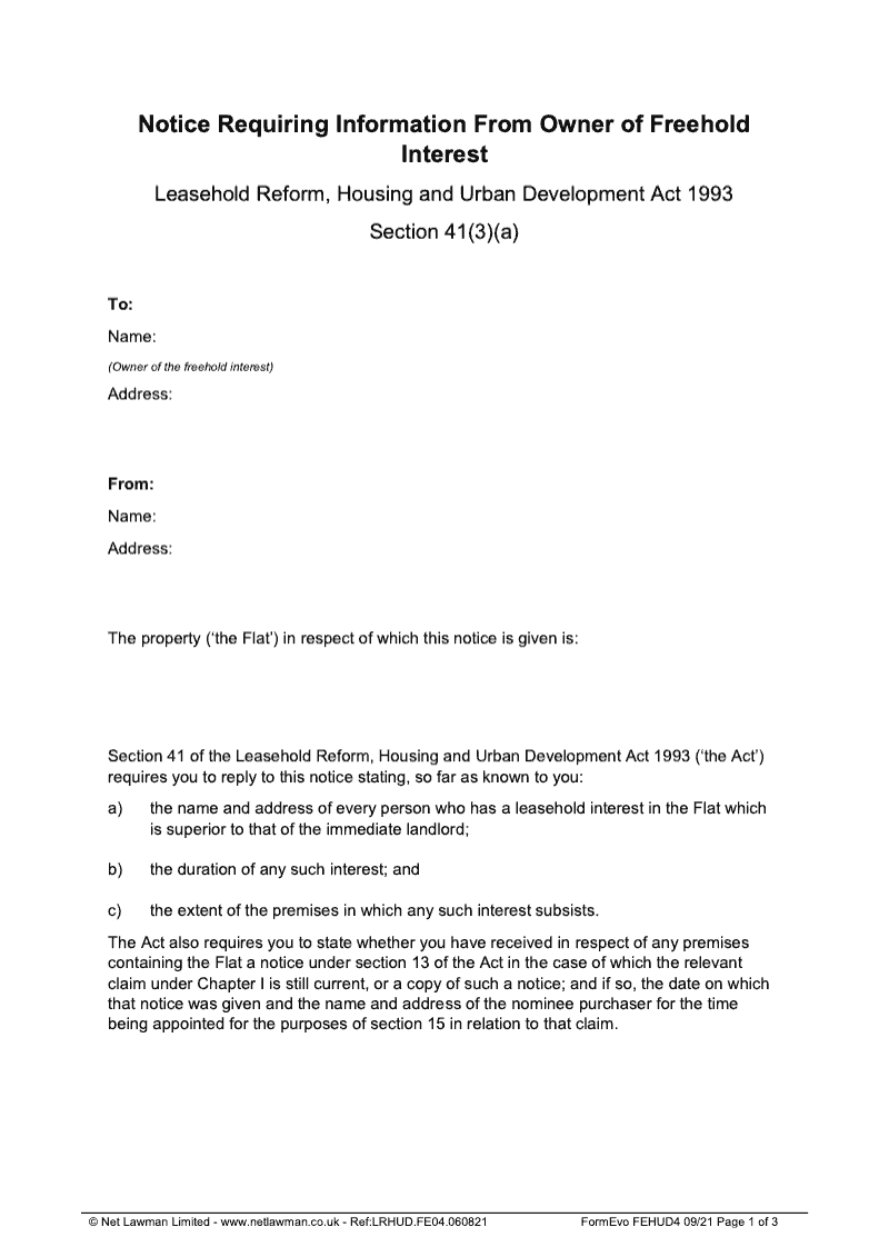 FEHUD4 Notice Requiring Information From Owner of Freehold Interest Section 41 3 a preview