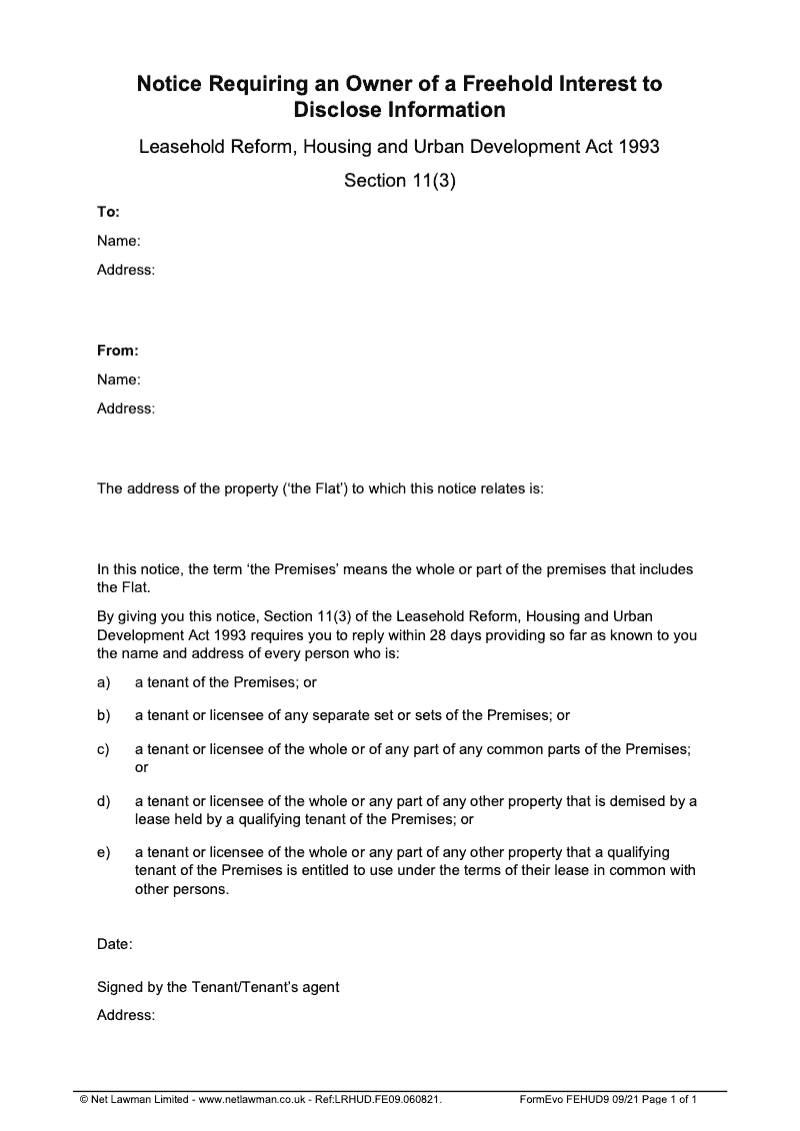 FEHUD9 Notice Requiring an Owner of a Freehold Interest to Disclose Information Section 11 3 preview