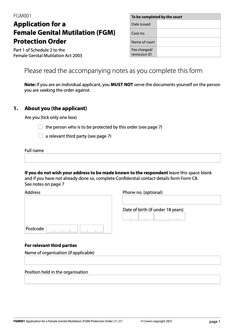 FGM001 Application for a Female Genital Mutilation FGM Protection Order preview