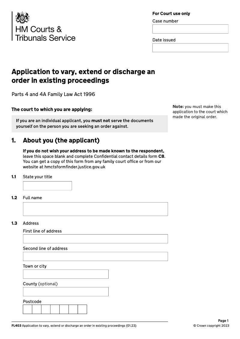 FL403 Application to vary extend or discharge an order in existing proceedings Family Law Act 1996 Part IV preview