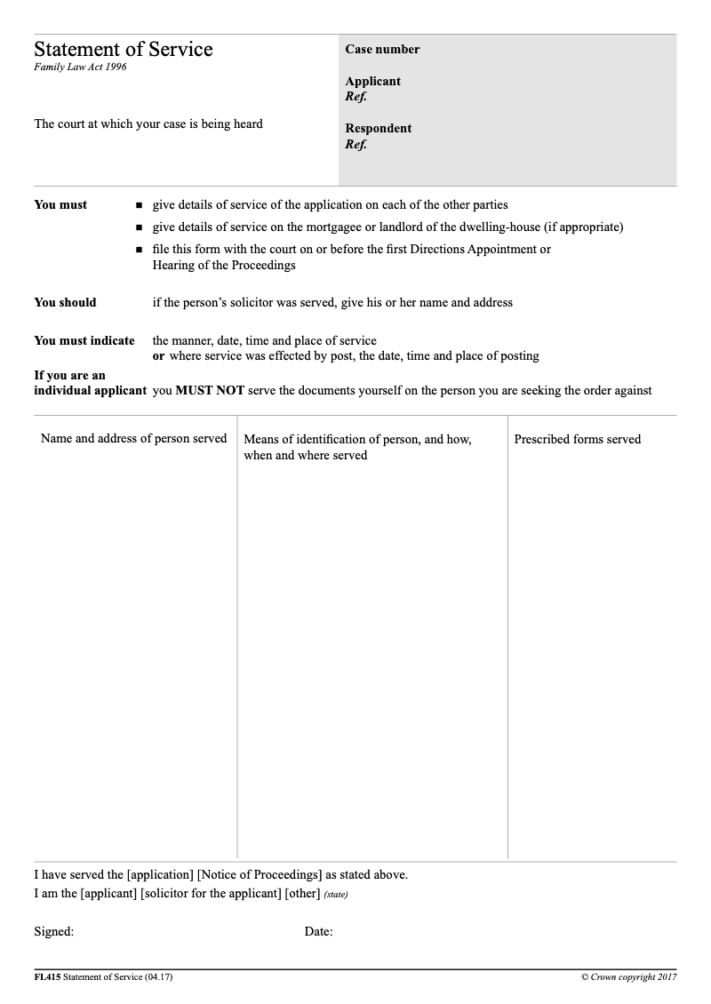 FL415 Statement of service Family Law Act 1996 preview