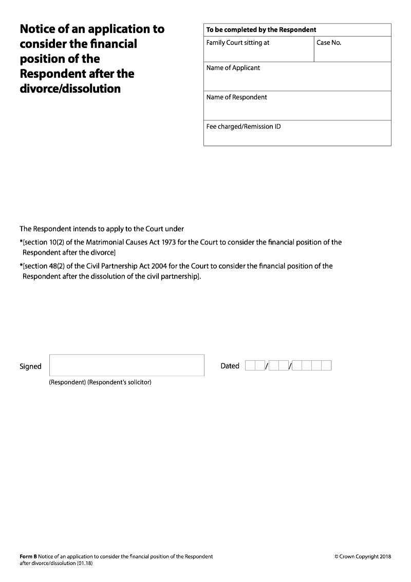 Form B Notice of an application to consider the financial position of the respondent after the divorce dissolution preview