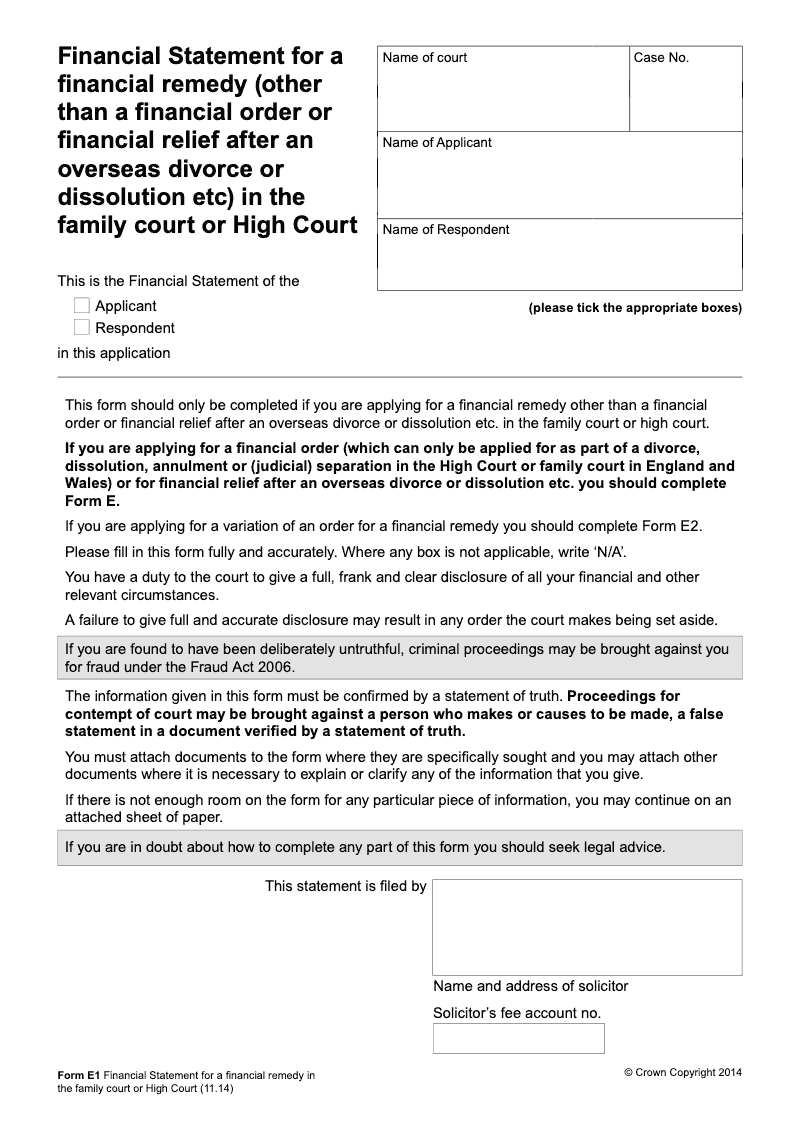 Form E1 Long Financial Statement for a financial remedy other than a financial order or financial relief after an overseas divorce or dissolution etc in the family court or High Court extended version electronic signature available preview