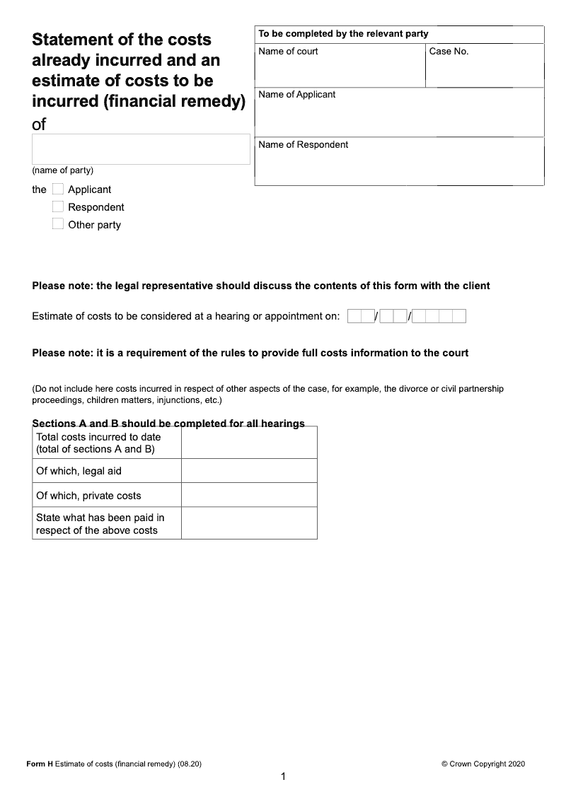 Form H Estimate of costs financial remedy preview