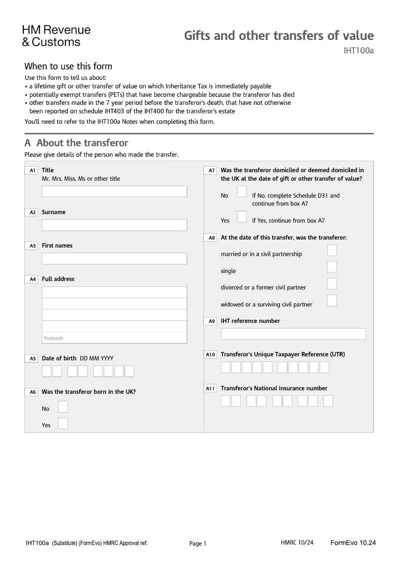 IHT100a 2025 Gifts and Other Transfers of Value preview