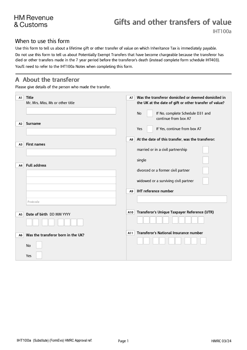 IHT100a Gifts and Other Transfers of Value preview