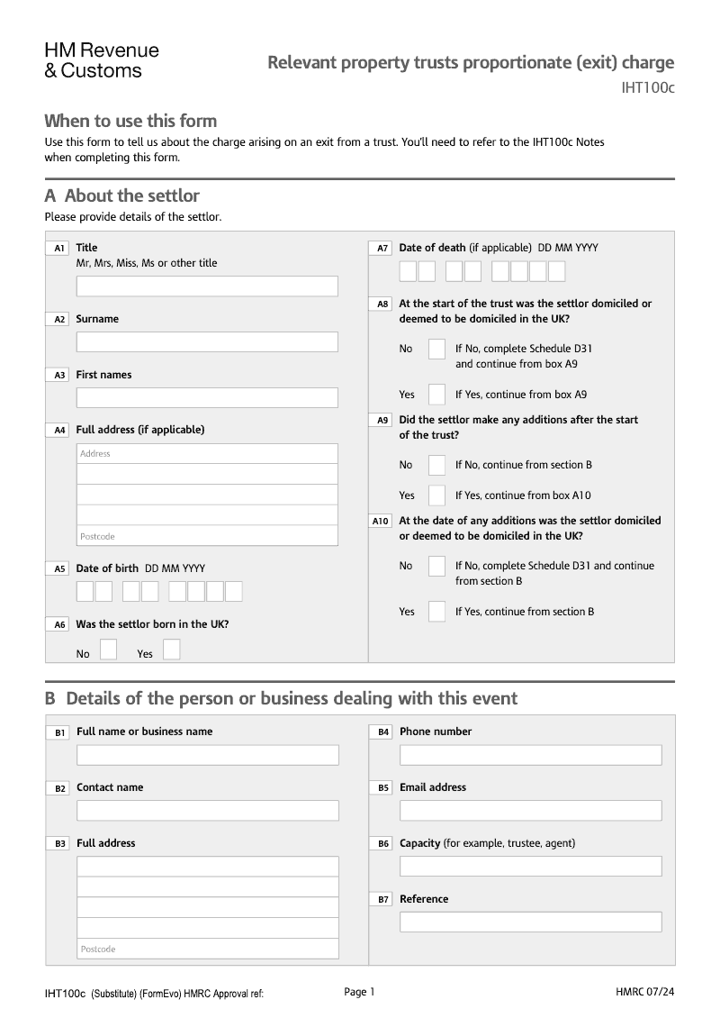 IHT100c Assets Ceasing to be Held on Discretionary Trusts Proportion Charge preview