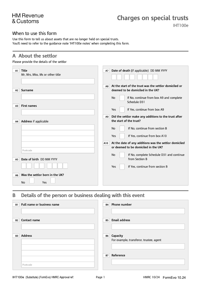 IHT100e 2025 Charges on Special Trusts preview