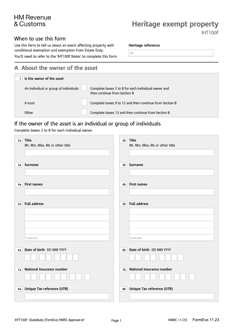 IHT100f 2025 Heritage exempt property preview
