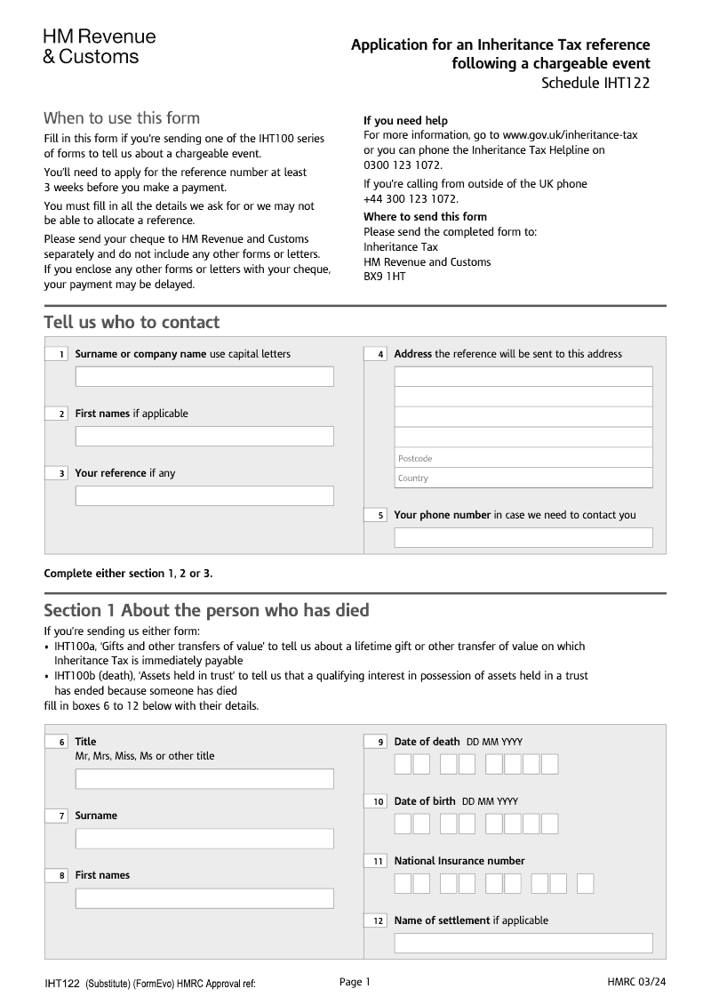 IHT122 Application for an Inheritance Tax reference following a chargeable event Schedule IHT122 preview