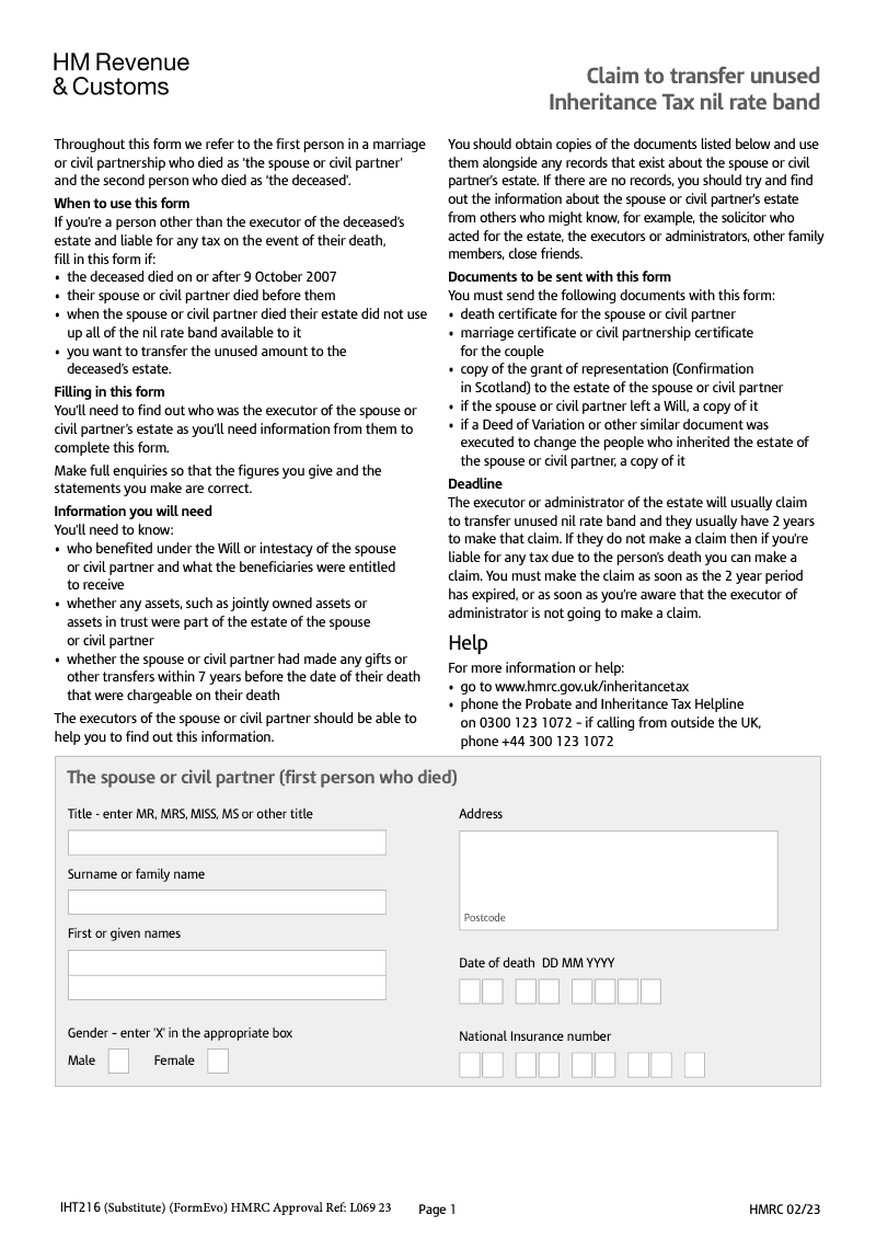 IHT216 Claim to transfer unused Inheritance Tax nil rate band preview