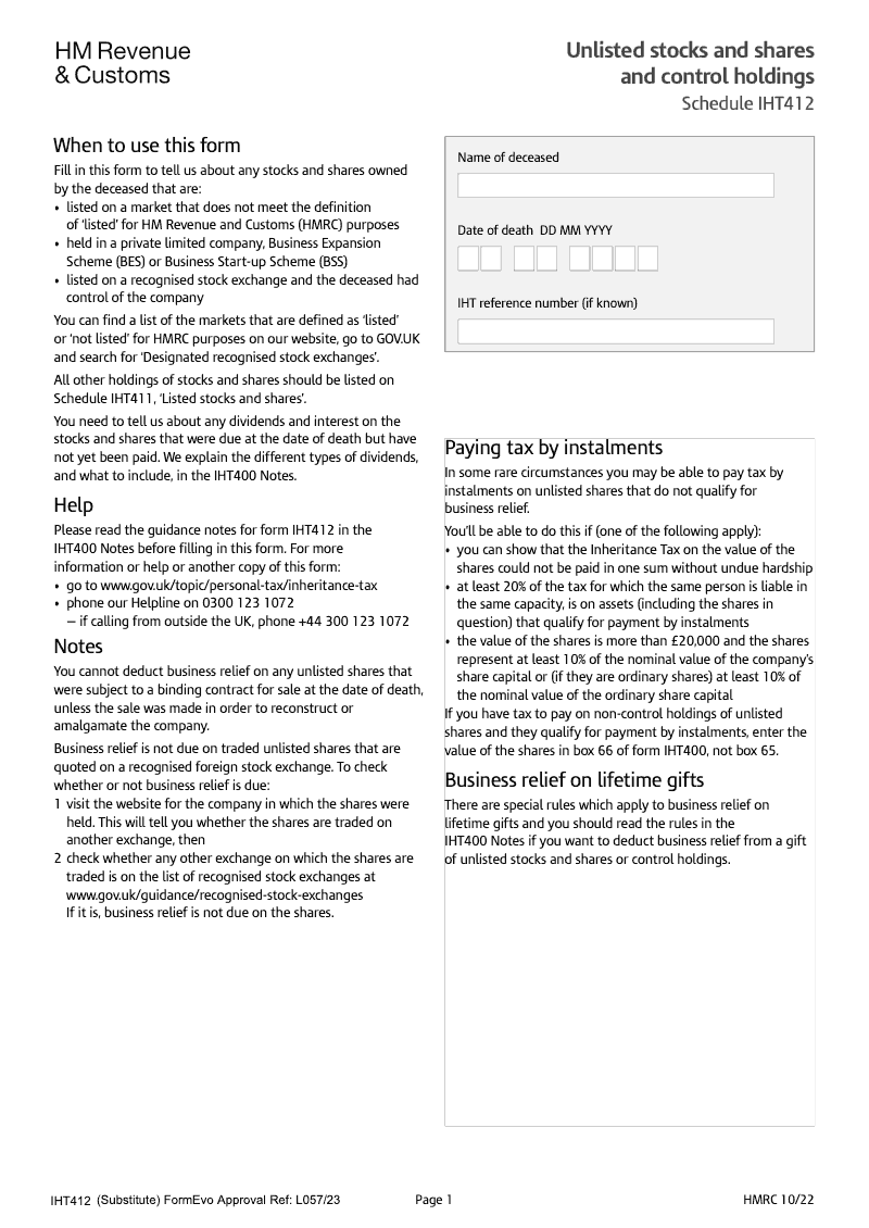 IHT412 Unlisted stocks and shares and control holdings Schedule IHT412 preview