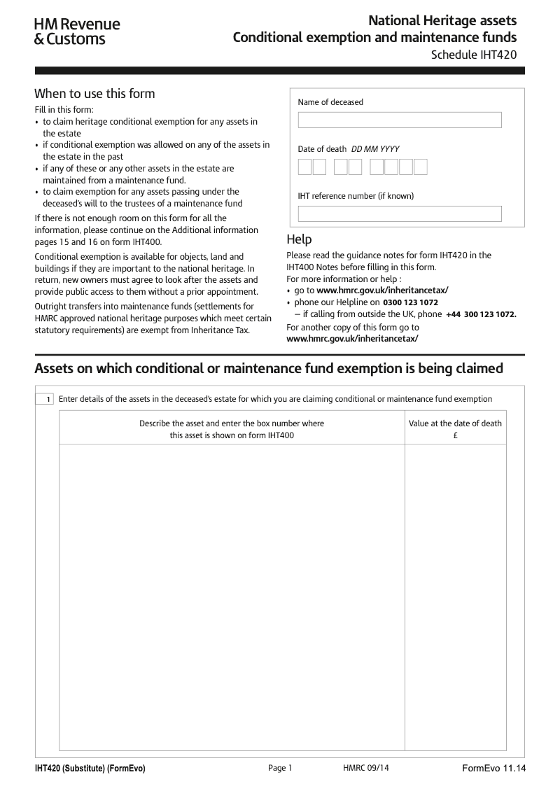 IHT420 National Heritage assets Conditional exemption and maintenance funds Schedule IHT420 preview