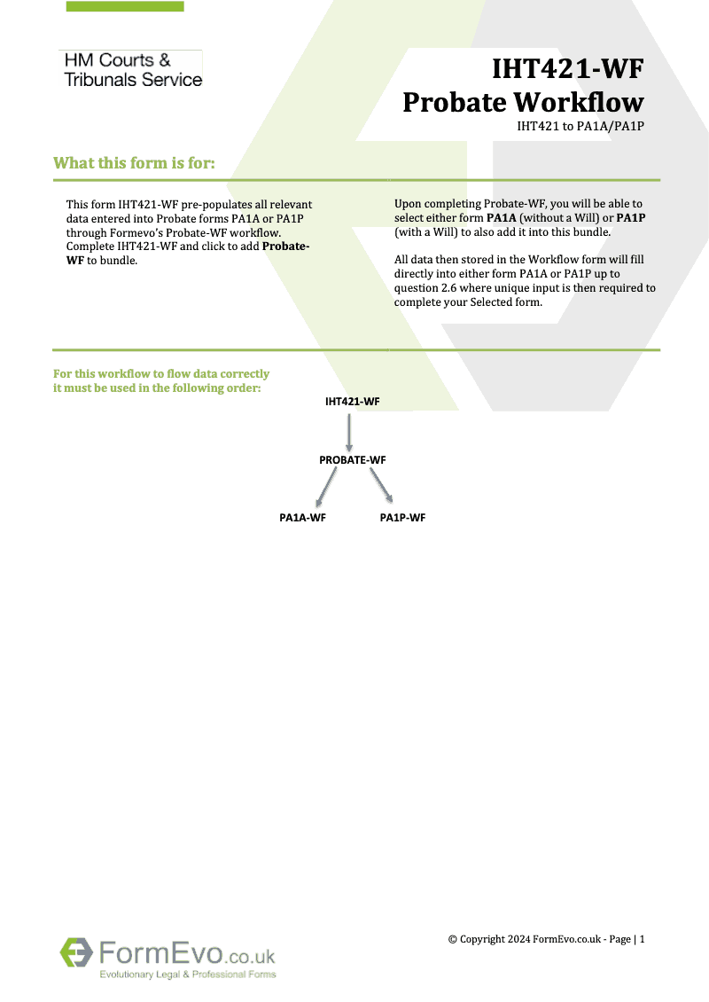 IHT421 WF Probate summary Schedule IHT421 This workflow version uses common data to flow through the Probate workflow form into Probate forms PA1A PA1P preview