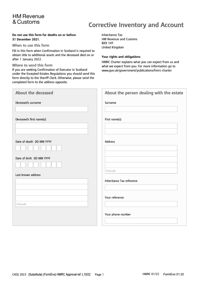 IHTC4 S 2022 Corrective Inventory and Account Deceased died on or after 1st January 2022 preview
