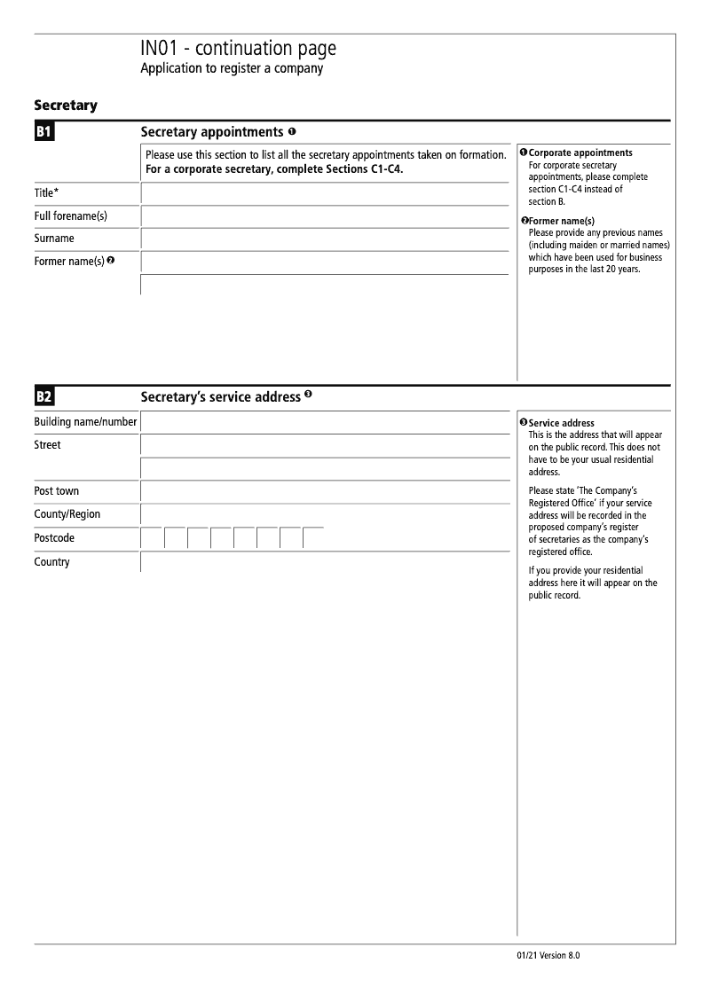 IN01 Continuation Page 1 Section B Secretary appointments continuation page IN01 Application to register a company Section 9 preview