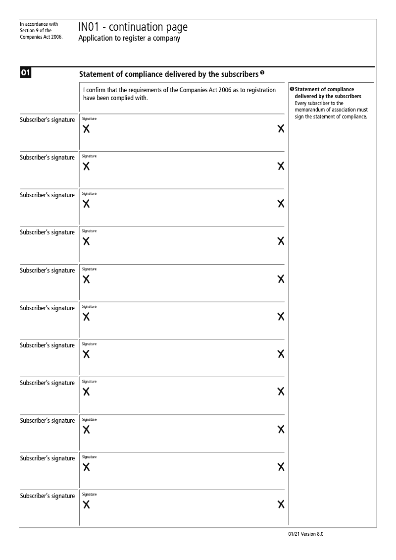 IN01 Continuation Page 12 Section N1 Statement of compliance delivered by subscribers continuation page IN01 Application to register a company Section 9 preview