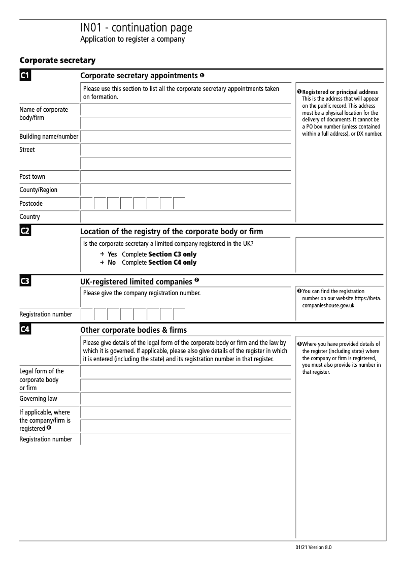 IN01 Continuation Page 2 Section C Corporate secretary appointments continuation page IN01 Application to register a company Section 9 preview