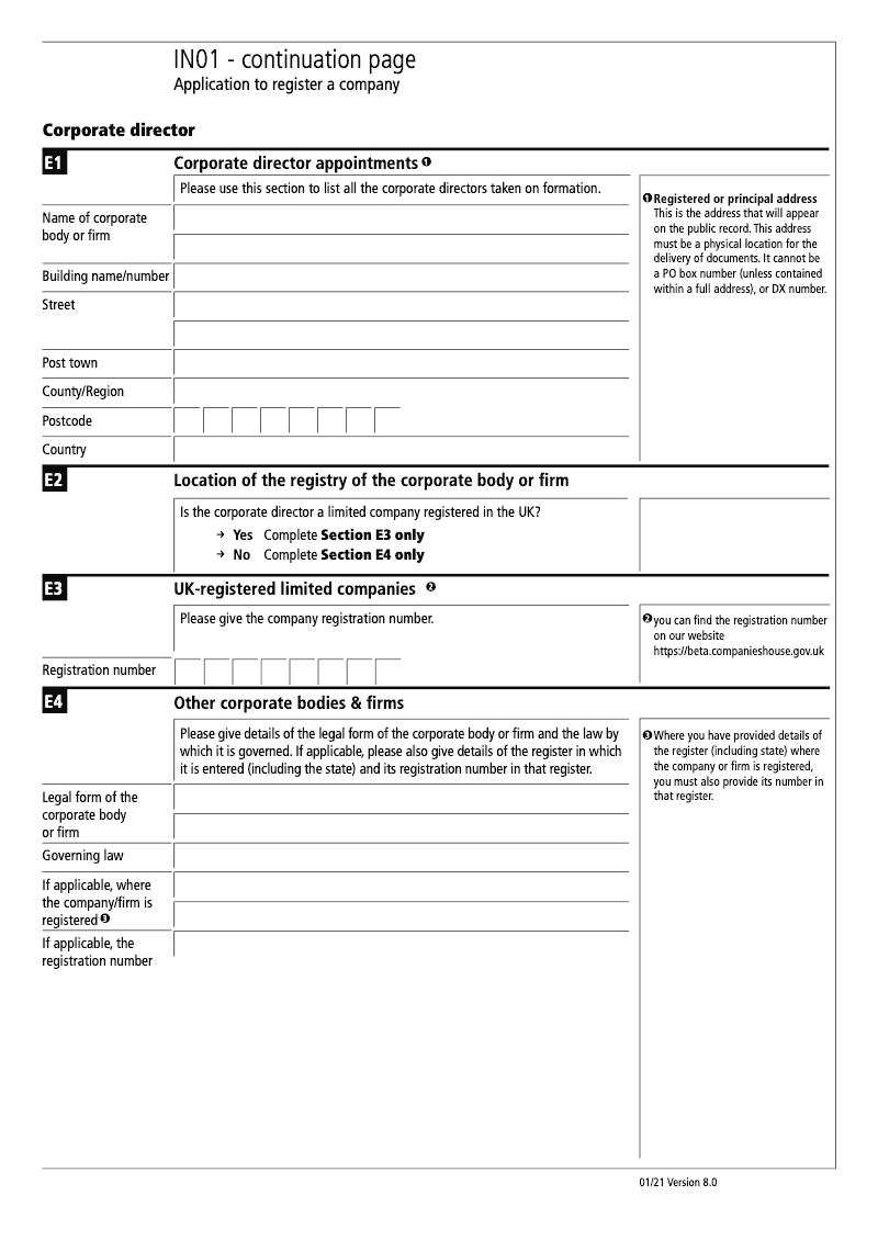 IN01 Continuation Page 4 Section E Corporate director appointments continuation page IN01 Application to register a company Section 9 preview