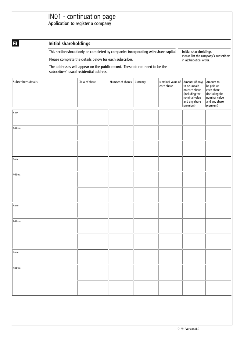 IN01 Continuation Page 7 Section F3 Initial shareholdings continuation page IN01 Application to register a company Section 9 preview