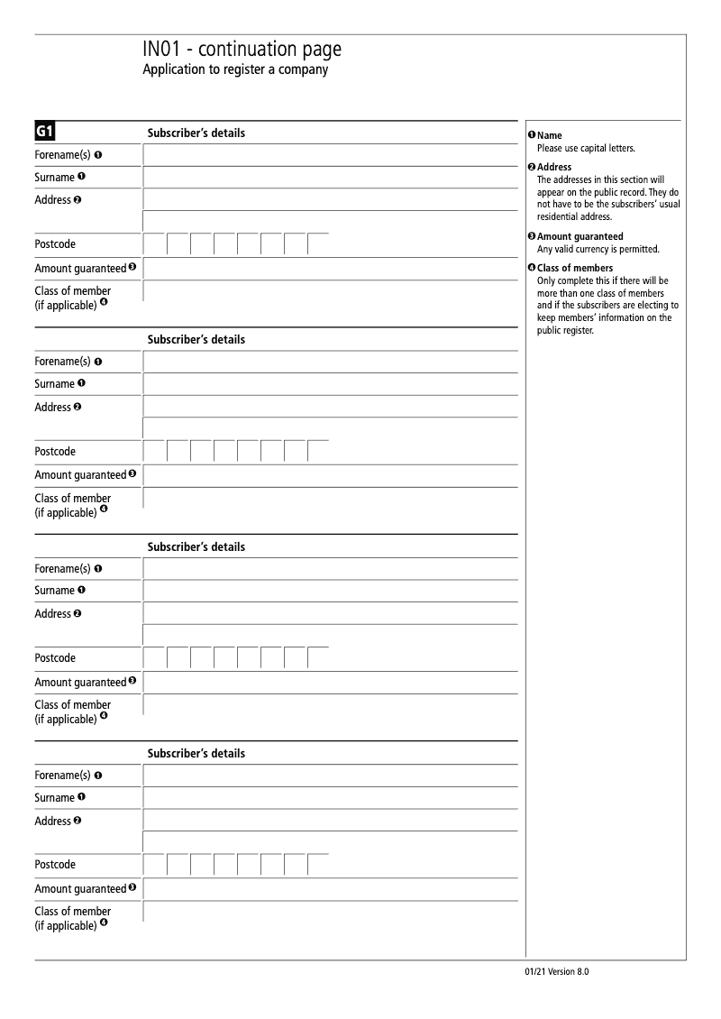 IN01 Continuation Page 8 Section G1 Subscribers continuation page IN01 Application to register a company Section 9 preview