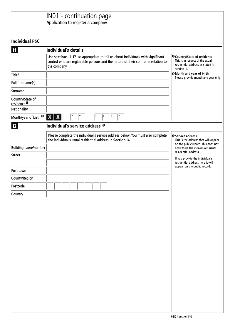 IN01 Continuation Page 9 Sections H3 to H9 Individual person with significant control PSC details continuation page IN01 Application to register a company Section 9 preview