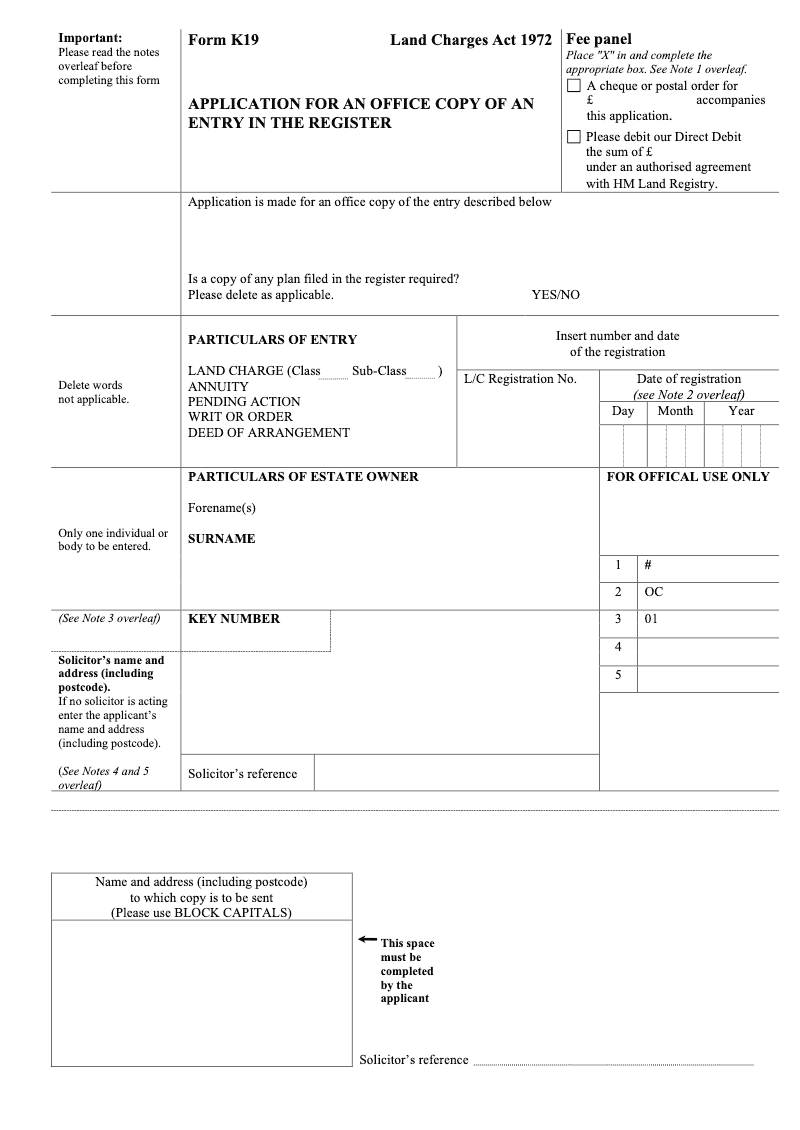 K19 Application for an Office Copy of an entry in the register Land Charges Act 1972 preview