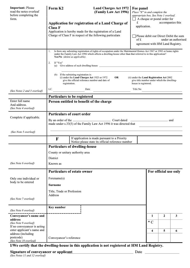 K2 Application for registration of a Land Charge of Class F Land Charges Act 1972 Family Law Act 1996 preview