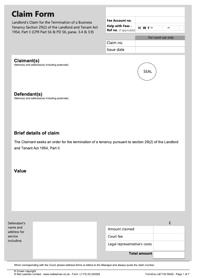 L T102 Landlord s Claim for the Termination of a Business Tenancy under Section 29 2 of the Landlord and Tenant Act 1954 Part II CPR Part 56 PD paras 3 4 3 9 LT503 preview