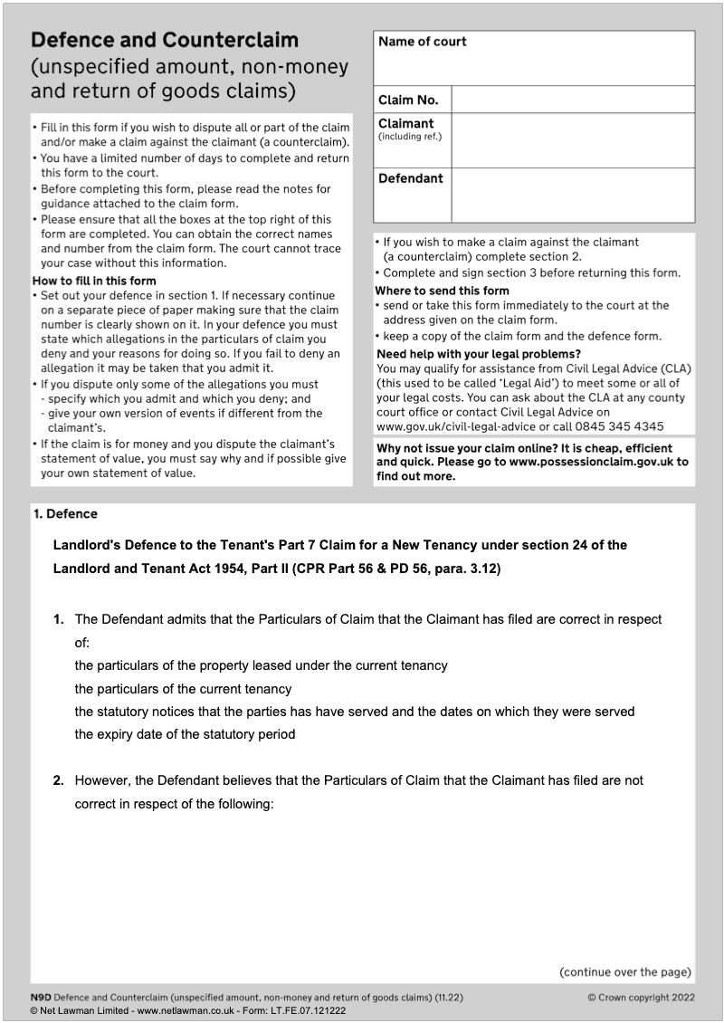 L T106 Landlord s Defence to the Tenant s Part 7 Claim for a New Tenancy under Section 24 of the Landlord and Tenant Act 1954 Part II CPR Part 56 PD 56 para 3 12 preview