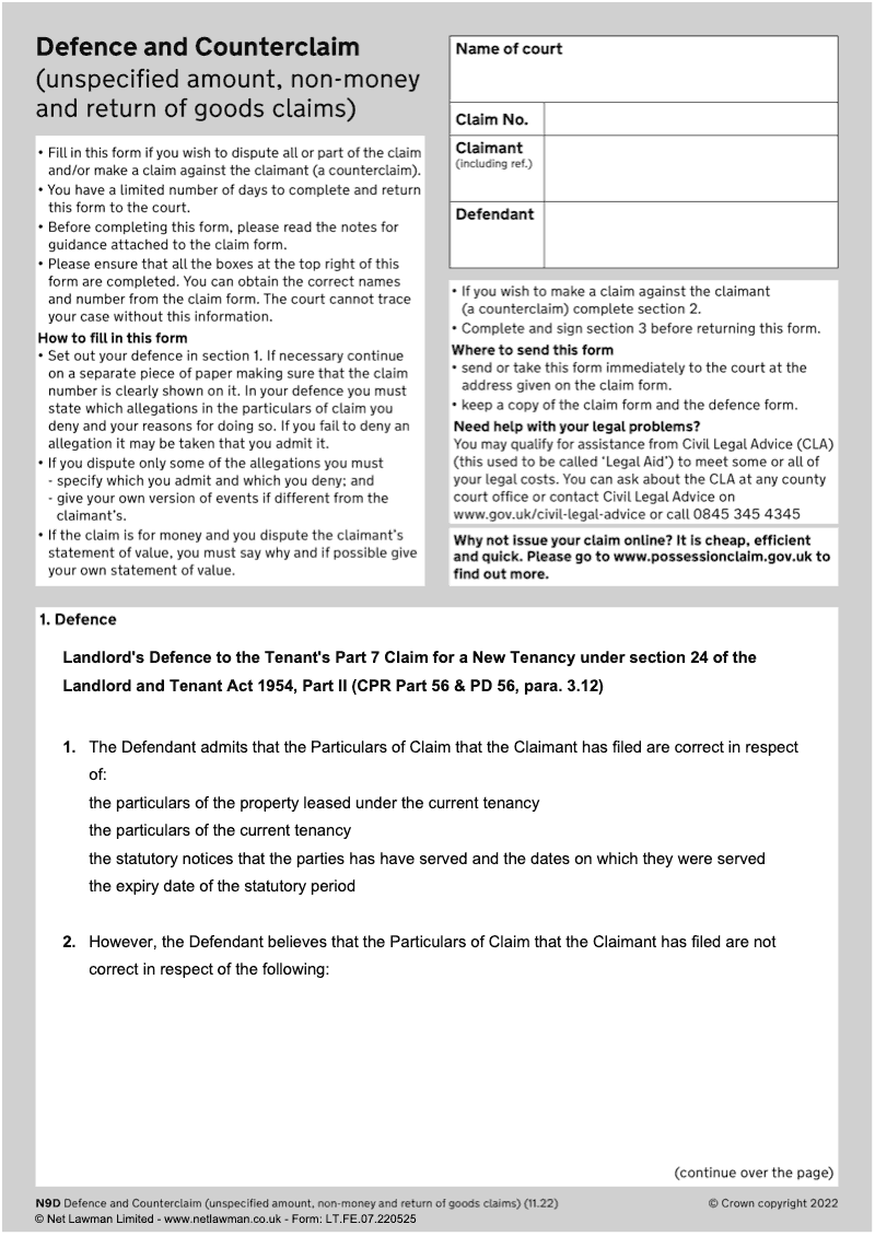 L T106 Landlord s Defence to the Tenant s Part 7 Claim for a New Tenancy under Section 24 of the Landlord and Tenant Act 1954 Part II CPR Part 56 PD 56 para 3 12 preview
