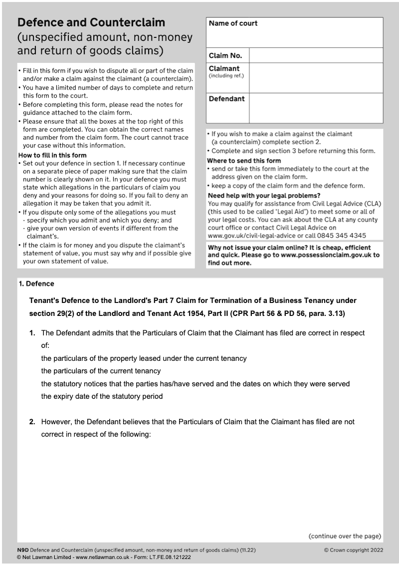 L T107 Tenant s Defence to the Landlord s Part 7 Claim for Termination of a Business Tenancy under Section 29 2 of the Landlord and Tenant Act 1954 Part II CPR Part 56 PD 56 para 3 13 preview