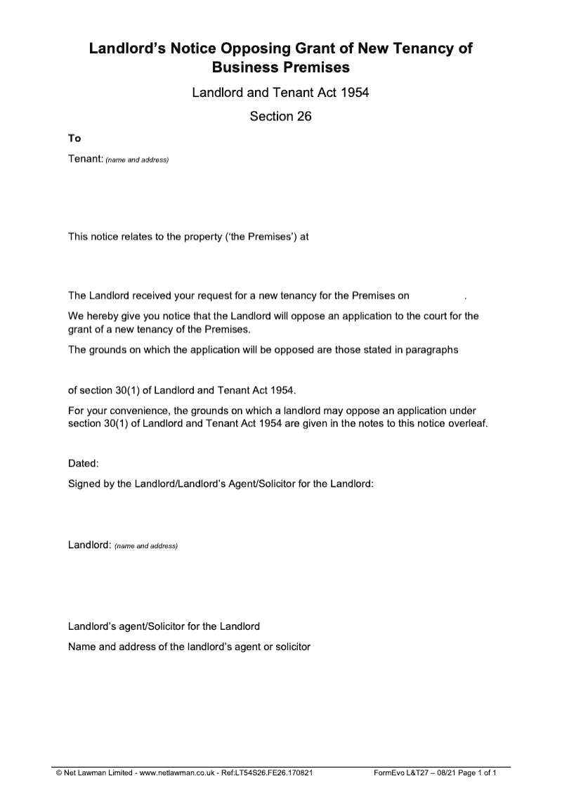 L T27 Landlord s Notice Opposing Grant of New Tenancy of Business Premises Section 26 Landlord and Tenant Act 1954 LT8A preview