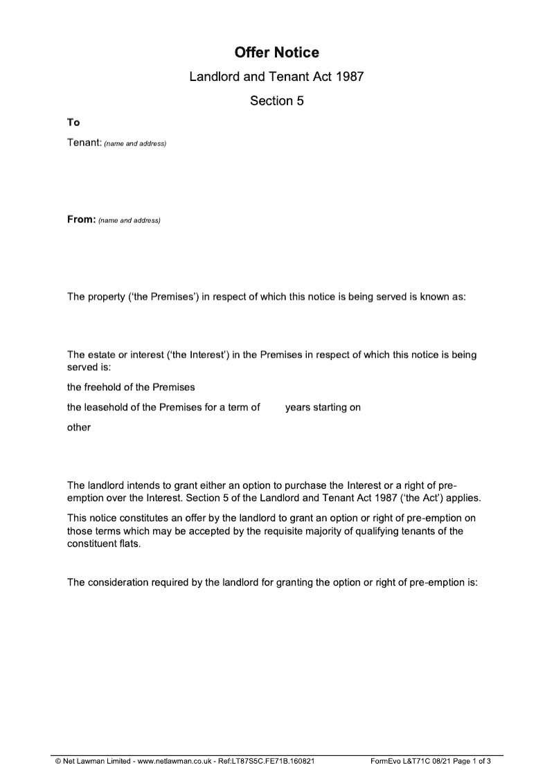 L T71C Offer Notice grant of option or right of pre emption Section 5C Landlord and Tenant Act 1987 preview