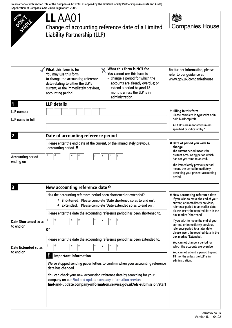 LL AA01 Change of accounting reference date of a Limited Liability Partnership LLP Section 392