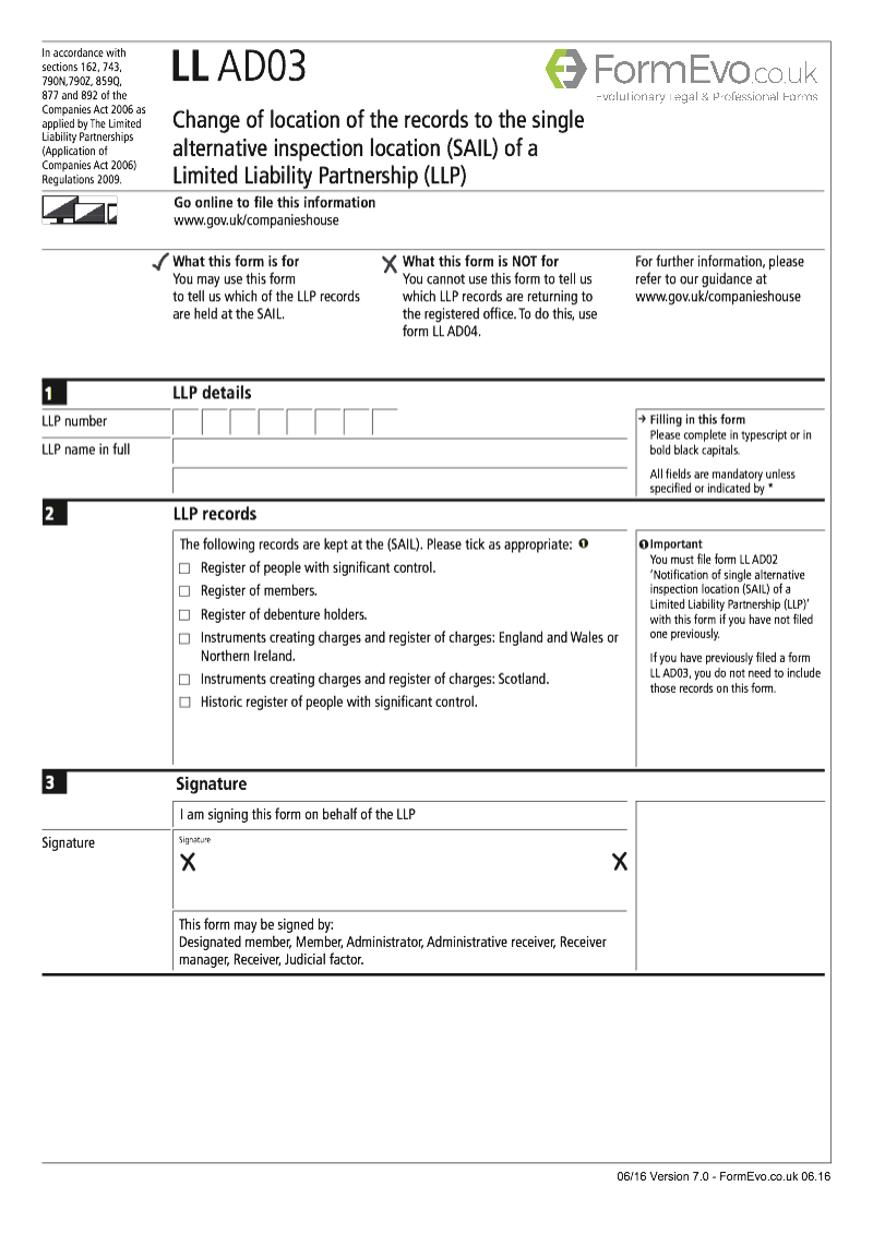 LL AD03 Change of location of the records to the single alternative inspection location SAIL of a Limited Liability Partnership LLP preview