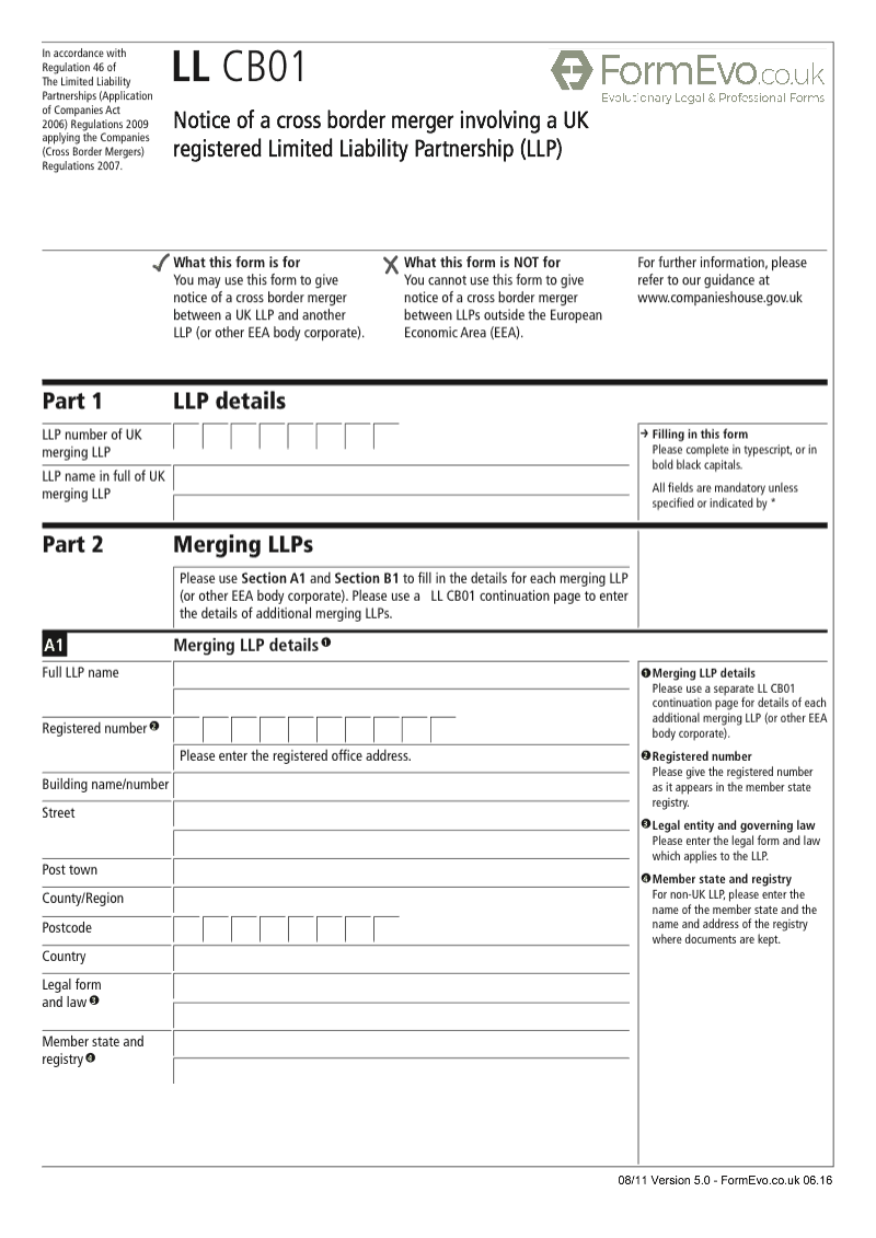 LL CB01 Notice of a cross border merger involving a UK registered Limited Liability Partnership LLP