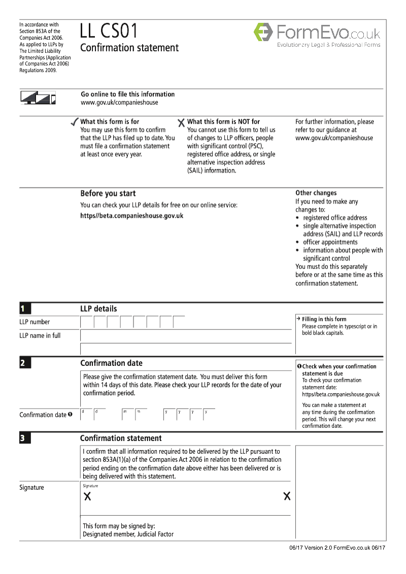 LL CS01 Confirmation statement Limited Liability Partnerships LLP Section 853A Companies Act 2006 preview